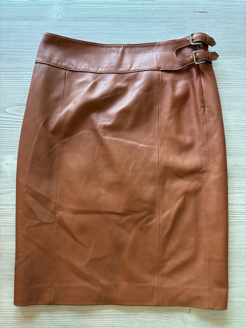 Ralph Lauren Cognac 100% Leather Pencil Skirt with Side Buckles